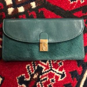Tory Burch Emerald and Gold Calf Hair Wallet